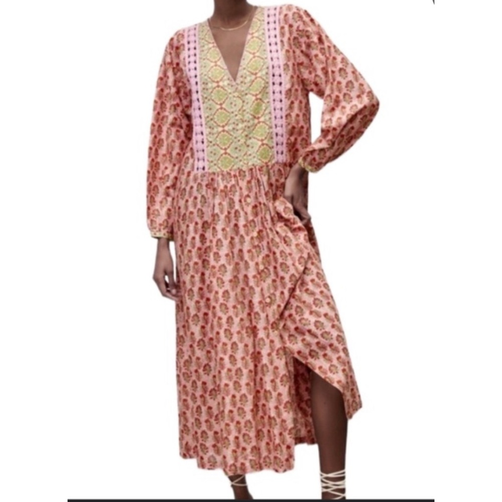 ZARA THE ROSIE DRESS PINK MULTI FLORAL PEASANT DRESS W/EMBROIDERED INSERTS MED